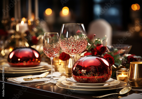 Christmas table detail, elegantly decorated. AI generated