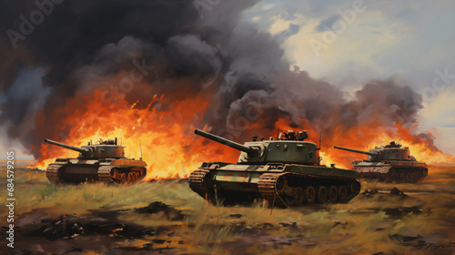 Three tanks in a burning field