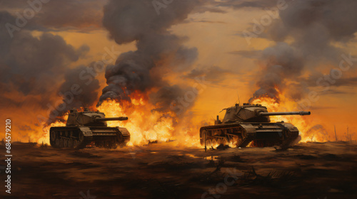 Three tanks in a burning field
