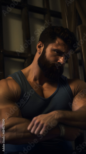 muscular man sitting on couch 