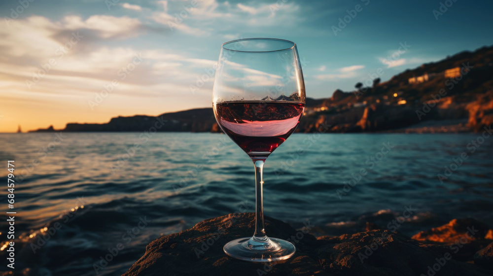 Close-up of a glass of red wine against of sea sunset backdrop. Romantic trip concept. Generative AI