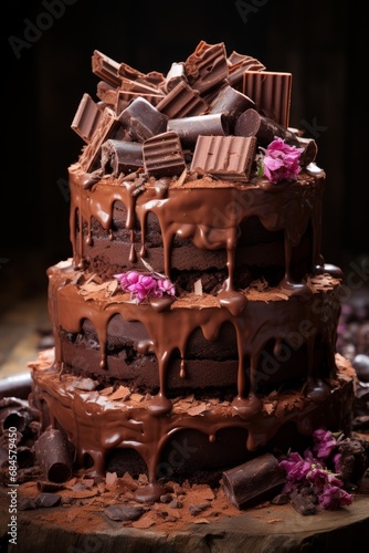 Chocolate lover's dream birthday cake covered in chocolate ganache, cocoa powder, and chocolate shavings, Generative AI