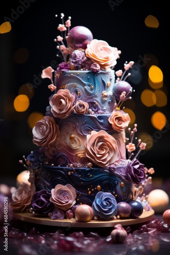 Galaxy-themed birthday cake with a stunning cosmic design and edible starry details, Generative AI