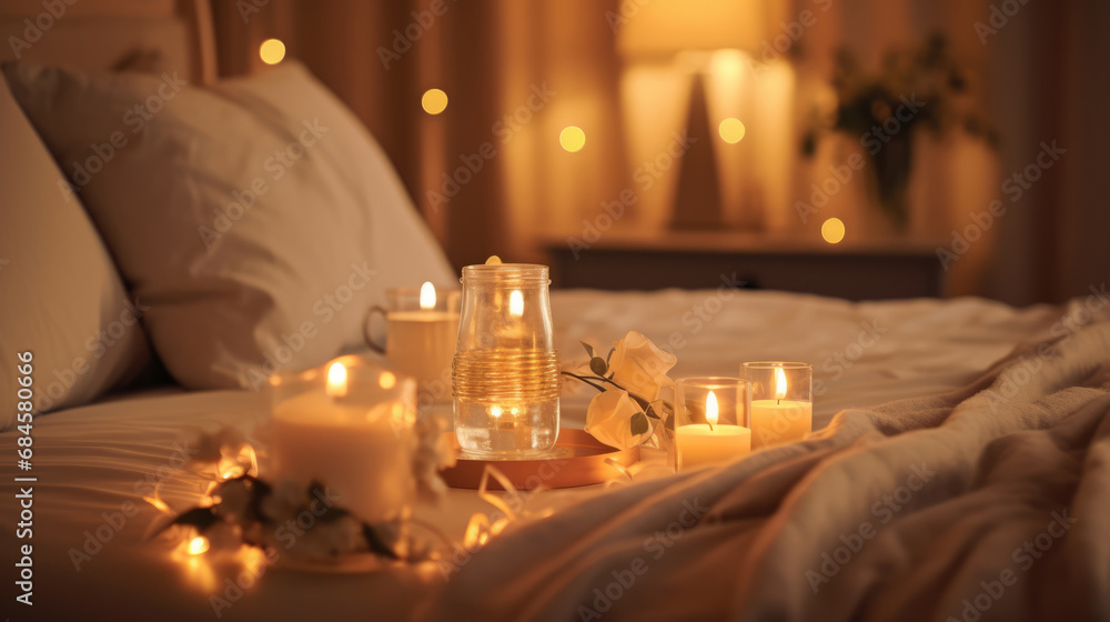 cozy and romantic bedroom interior with candles, romantic valentines celebration cozy and romantic bedroom interior with candles, romantic valentines celebration