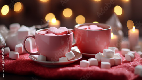 close up of two pink  mugs with hot cocoa and heart-shaped marshmallows for valentine's day morning