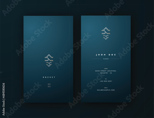 Vertical Business Card Editble Vector Template, luxurious and masculine with dark blue backgrund and gold text, simple elegant clean
