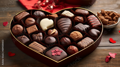 close up of chocolate candies in a heart-shaped box, the anniversary of Valentine's day gift