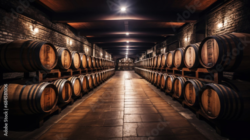 Rows of wine barrels in wine-vaults in order. Cellar with French barrique wine casks. Generative AI