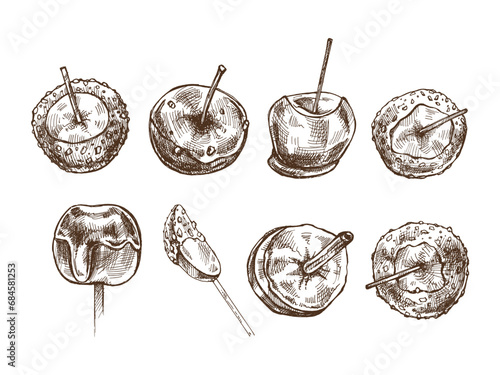 Hand-drawn sketch set of Candy Taffy  and caramel apples with nut sprinkles. Vector drawing. Traditional Christmas, Halloween dessert. Illustration for packaging, label. Vintage holiday design.