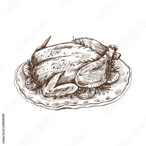 Hand-drawn sketch of baked turkey, chicken with rosemary, berries and lemon. Vector food drawing. Traditional Christmas, Halloween food. Illustration for packaging, label, recipe, menu.