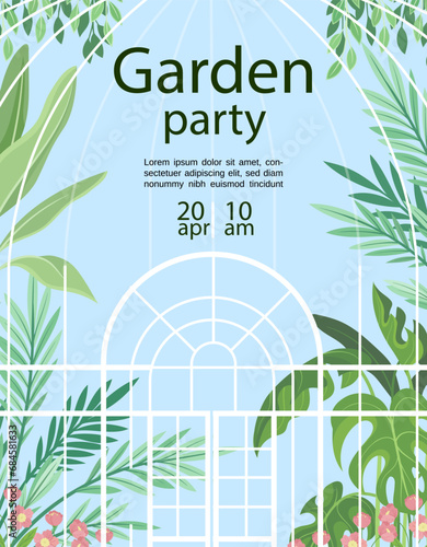 Botanical garden party poster. Flowers and leaves in flowerpots and wooden window. Plants in greenhouse. Tropical and exotic foliage. Invitational postcard. Cartoon flat vector illustration