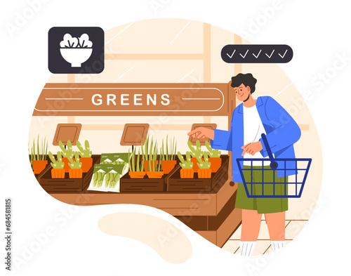 Buying fresh microgreens concept. Woman with cart near sprouts in flowerpots. Botany and floristry. Poster or banner for website. Cartoon flat vector illustration isolated on white background