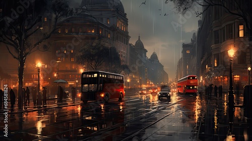 Street traffic in the city at dusk in the rain