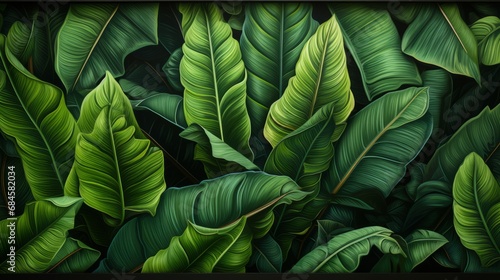 Background: lush green banana leaves in a tropical jungle. lush tropical forest, against the abstract pattern of light and shadow, natural background, seamless banner offers copy space