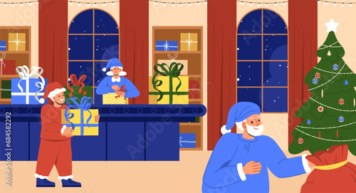 Christmas gifts on conveyor. New Year and winter holidays, Noel Eve. Boys and girls with gift boxes. Presents and surprises. Little helpers of santa claus. Cartoon flat vector illustration