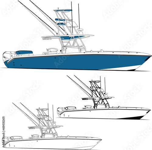 Sport fishing boat vector line art illustration and one-color