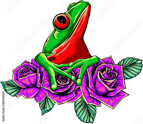 frog and flowers vector illustration on white background