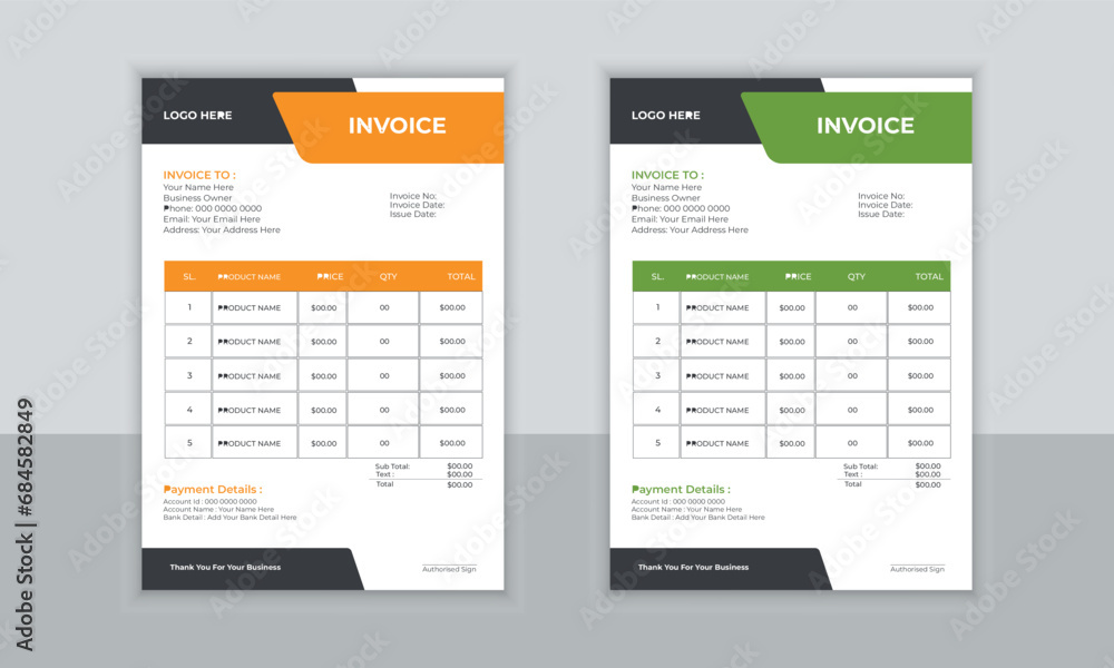 Vector creative modern invoice vector design premium template. Two color variation invoice design bundle for your company