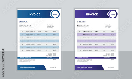 Professional blue and purple color geometric invoice template design