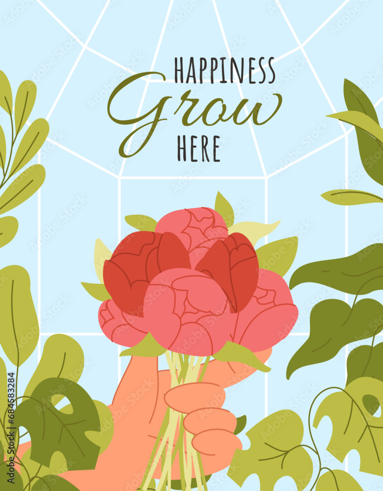 Garden greenhouse poster. Hands with pink flower. Care about plants. Bloom and blossom roses bouquet. Spring and summer season. Horticulture and botany, gardening. Cartoon flat vector illustration