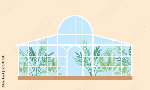 Greenhouse with plants concept. Protection of tropical leaves from cold weather. Sticker for social networks and messengers. Cartoon flat vector illustration isolated on beige background