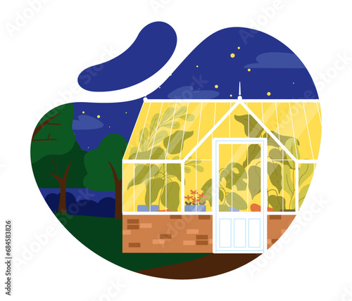 Greenhouse garden concept. Orangery for flowers and vegetables at night. Agriculture in farming, gardening. Protection of plants from cold weather. Poster or banner. Cartoon flat vector illustration