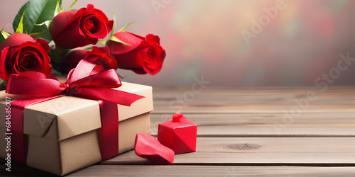 Beautiful background with flowers for valentine's day congratulation. selective focus. holiday, Two gift boxes with red ribbon and one with a rose on the top, Valentine background in love conceptAi 

