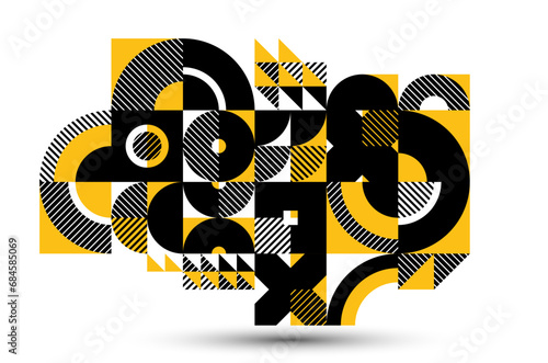 Abstract geometric vector background, modular tiling stripy art with circles and other shapes, retro style artistic motif isolated.