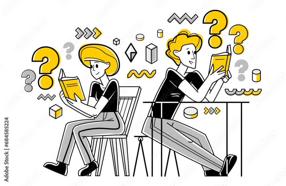 Young people reading books searching for information, learn science, self-education, fiction literature, inquire and analysis, vector outline illustration. Young people reading books searching for information, learn science, self-education, fiction literature, inquire and analysis, vector outline illustration.