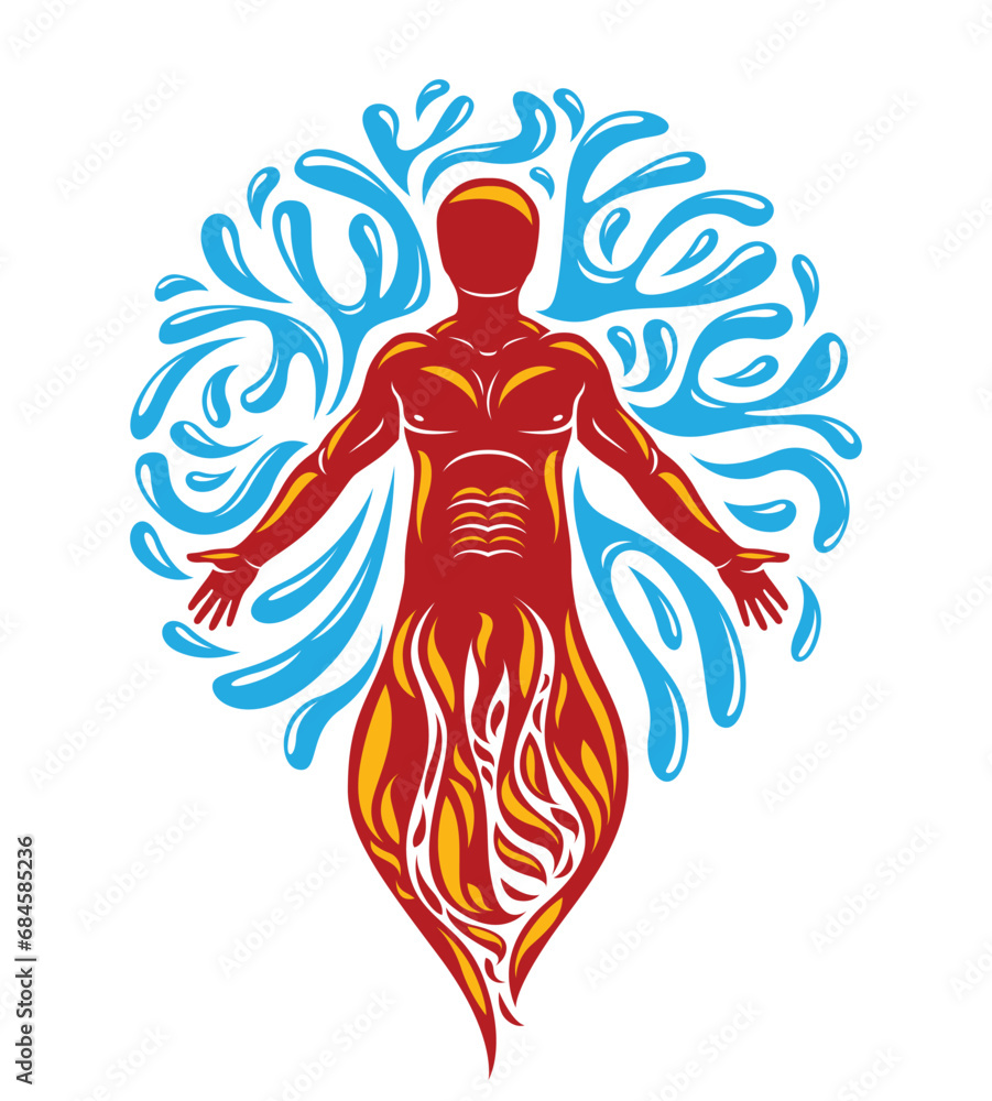 Vector illustration of human being standing, mythic ancient god. Prometheus surrounded by a water ball, water and fire diversity and harmony. Vector illustration of human being standing, mythic ancient god. Prometheus surrounded by a water ball, water and fire diversity and harmony.