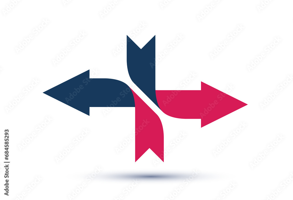 Crossed arrows vector logo, opposite reverse movement concept, inversion and upturn, dynamic graphic design sign.