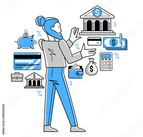 Banking vector outline illustration, manager working with finances or customer manages his account with deposit or credit, personal savings.