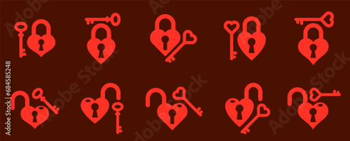 Heart shaped padlocks vector logos or icons set, locks and turnkeys love theme in a shape of hearts open or closed emotions, secret feelings concept, Valentine theme.