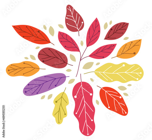 Yellow and red autumn leaves beauty of nature vector flat illustration isolated on white background, fall foliage drawing composition.