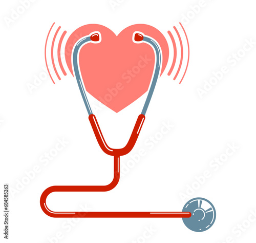 Stethoscope with heart vector simple icon isolated over white background, cardiology theme illustration or logo.