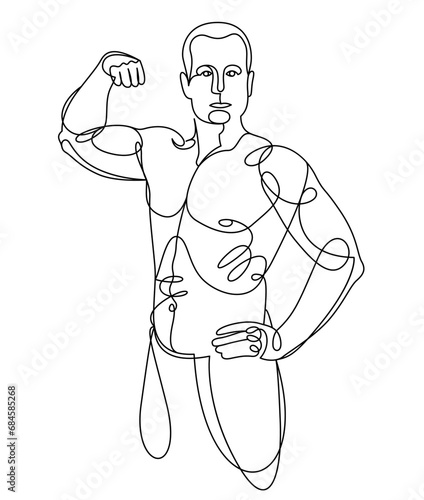 Linear drawing of a perfect body fit model man posing vector illustration isolated, muscular macho sexy guy with naked torso topless.