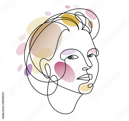 Woman beauty face vector linear illustration, delicate line art of attractive girl portrait, abstract feminine drawing minimal style isolated.