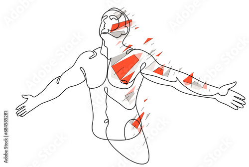 Man with spread hands showing pose of freedom like feeling that he can fly, vector low poly illustration, emotional concept of feel free and happy.