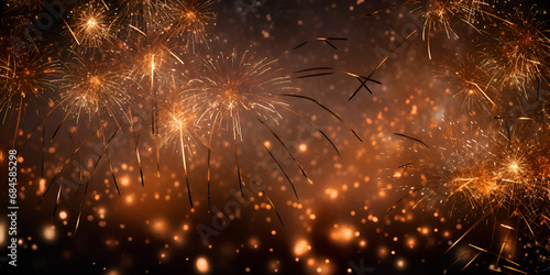 Gold and blue Fireworks and bokeh in New Year eve and copy space. Abstract background holiday. stock, Golden Fireworks In Sky For New Year Photography Backdrop, GENERATIVE AI