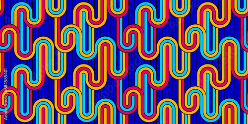 Seamless linear vector geometric minimalistic pattern, abstract lines tiling background, stripy weaving, optical maze, twisted stripes. Colorful design.
