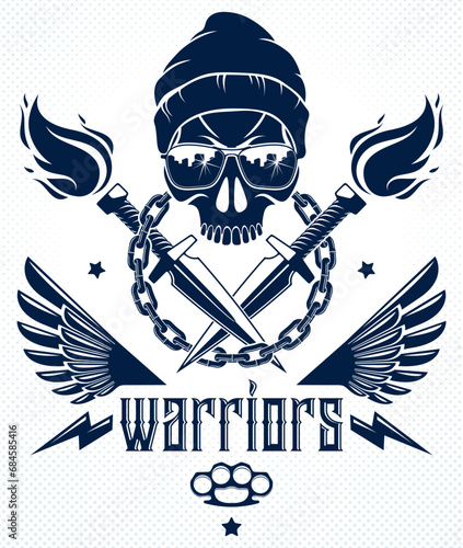 Revolution and Riot wicked emblem or logo with aggressive skull, weapons and different design elements , vector tattoo, anarchy and chaos, rebel partisan and revolutionary.