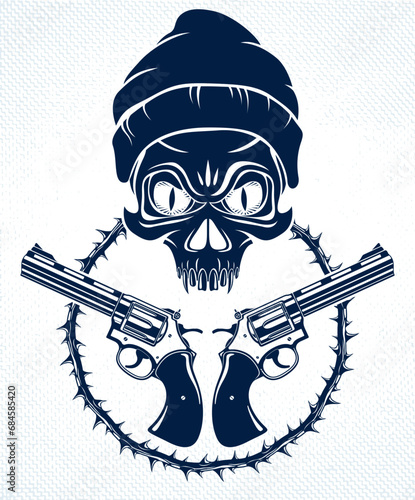 Anarchy and Chaos aggressive emblem or logo with wicked skull, vector vintage scull tattoo, rebel gangster criminal and revolutionary.