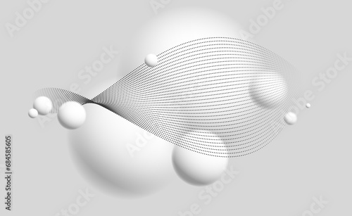 Light and soft 3D defocused spheres with particles wave flow vector abstract background, relaxing ambient theme with white balls in levitation, atmospheric wallpaper.
