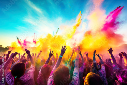 A group of people throw up dry paints on  Holi festival party