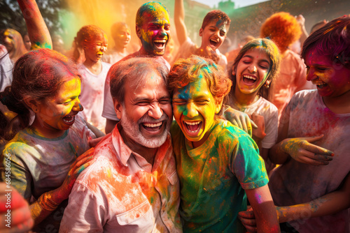 A group of people celebrating happy Holi festival in spring