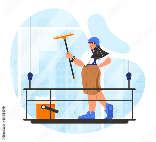Window washing concept. Woman with scraper and orange bucket with soap. Young girl in uniform. Cleaning occupation. Cartoon flat vector illustration isolated on white background