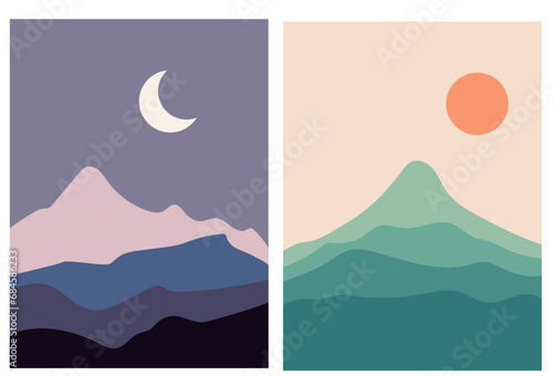 Collection of modern simple minimalistic posters - mountain landscapes in boho style (night and day) on a colored background