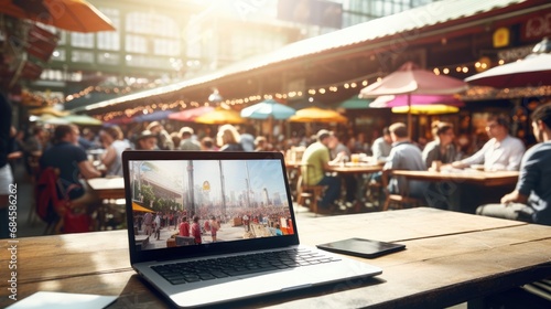 Man works on a laptop at an open-air market photo realistic illustration - Generative AI.