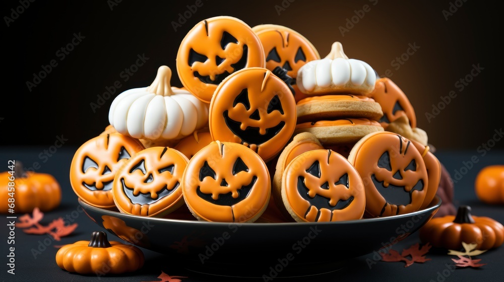 Plate Halloween Cookies On Blue Background , Background HD, Illustrations Plate Halloween Cookies On Blue Background , Background HD, Illustrations