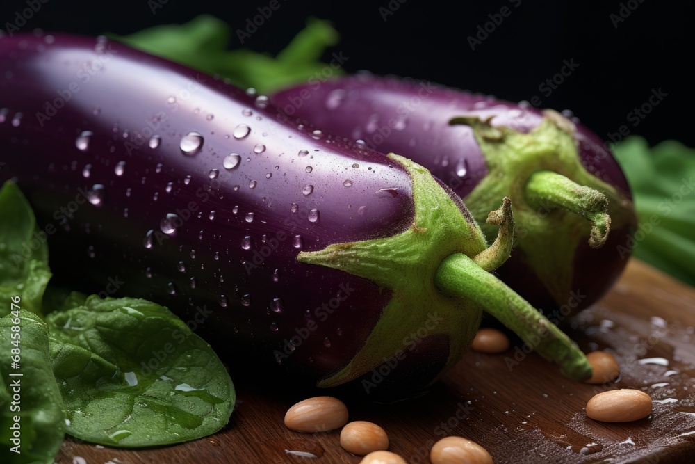 A close-up shot of a freshly harvested eggplant, glistening with dewdrops, against a rustic wooden background, showcasing its vibrant purple skin and green cap